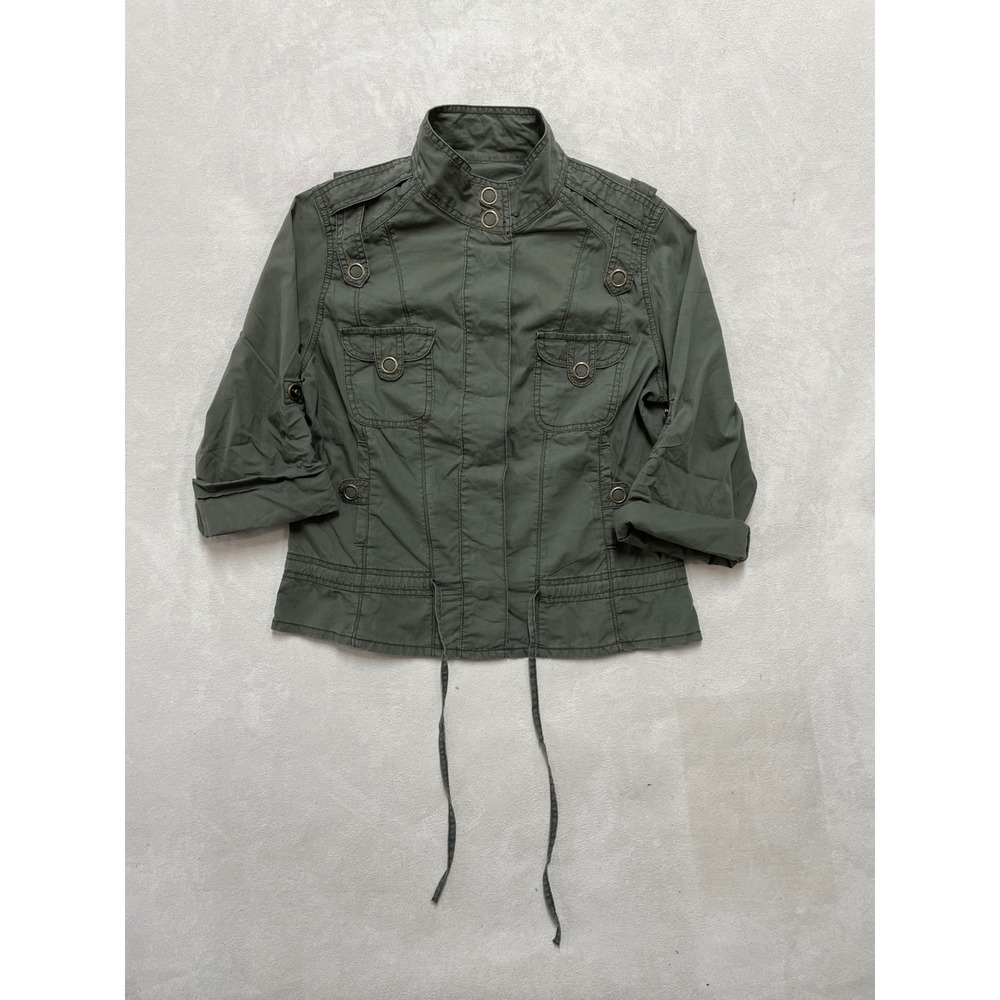 Mossimo Womens Olive Green Utility Jacket Military Ripstop Cotton L 3/4 Sleeve